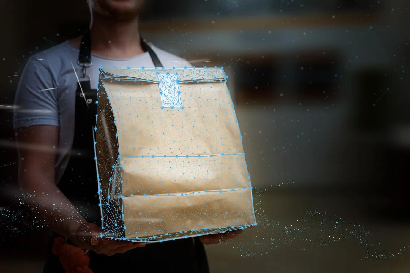 Доставка и логистика на виртуальном сенсорном интерфейсе. Концепция информационных технологий и коммуникационная метафора, подчёркивающая защиту конфиденциальных данных при передаче.